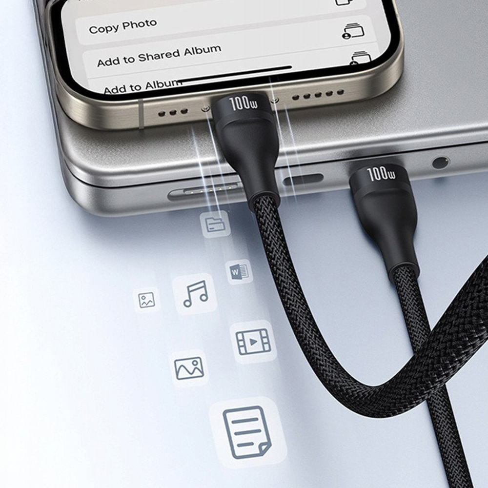 Kabel ładujący USB-C - Lightning / 2 x USB-C Baseus Flash Series III 3in1, 100W, 1,5m, Czarny, Ponownie zapakowany P10377502111-00