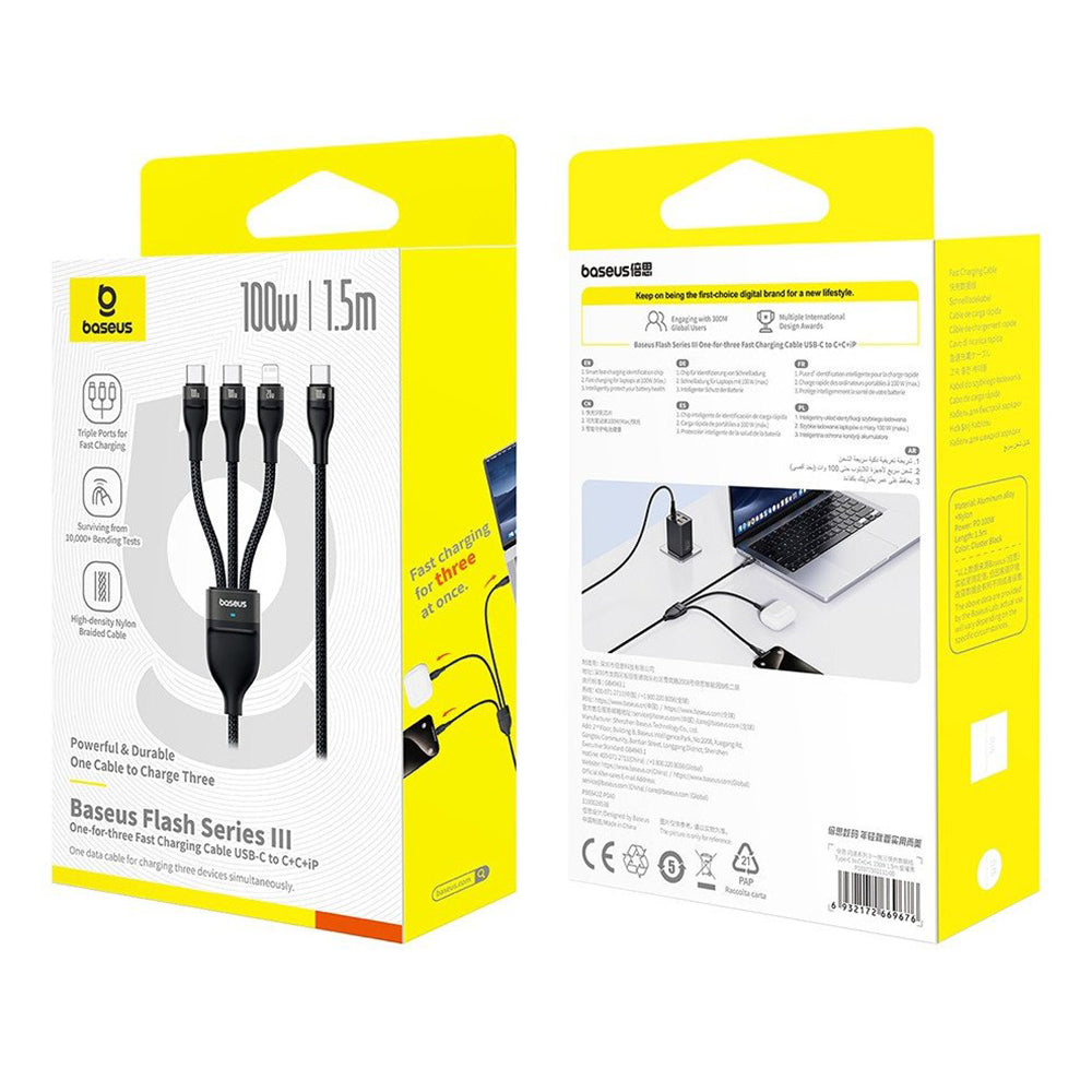Kabel Ładowania USB-C - Lightning / 2 x USB-C Baseus Flash Series III 3w1, 100W, 1.5m, Czarny P10377502111-00