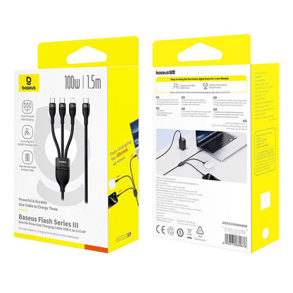 Kabel Ładowania USB-C - Lightning / 2 x USB-C Baseus Flash Series III 3w1, 100W, 1.5m, Czarny P10377502111-00