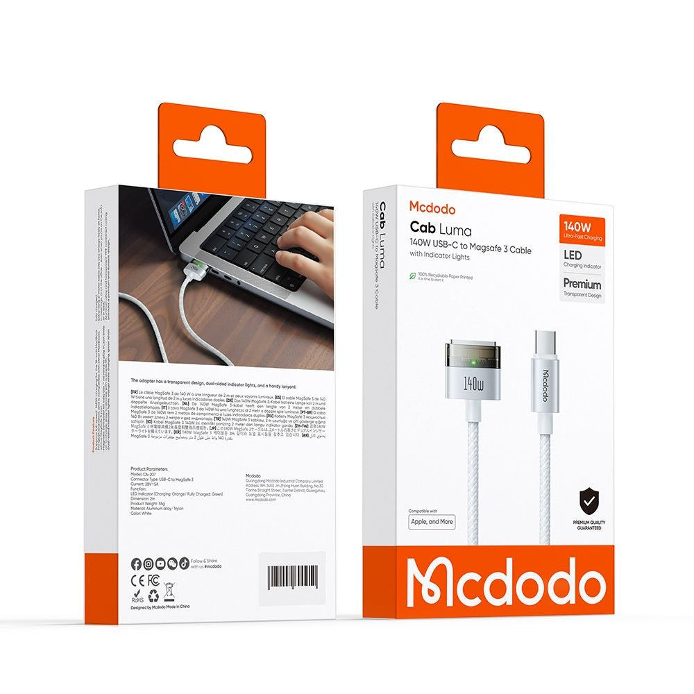 Kabel Ładowania McDodo CA-2071, USB-C - MagSafe 3, 140W, 2m, Biały