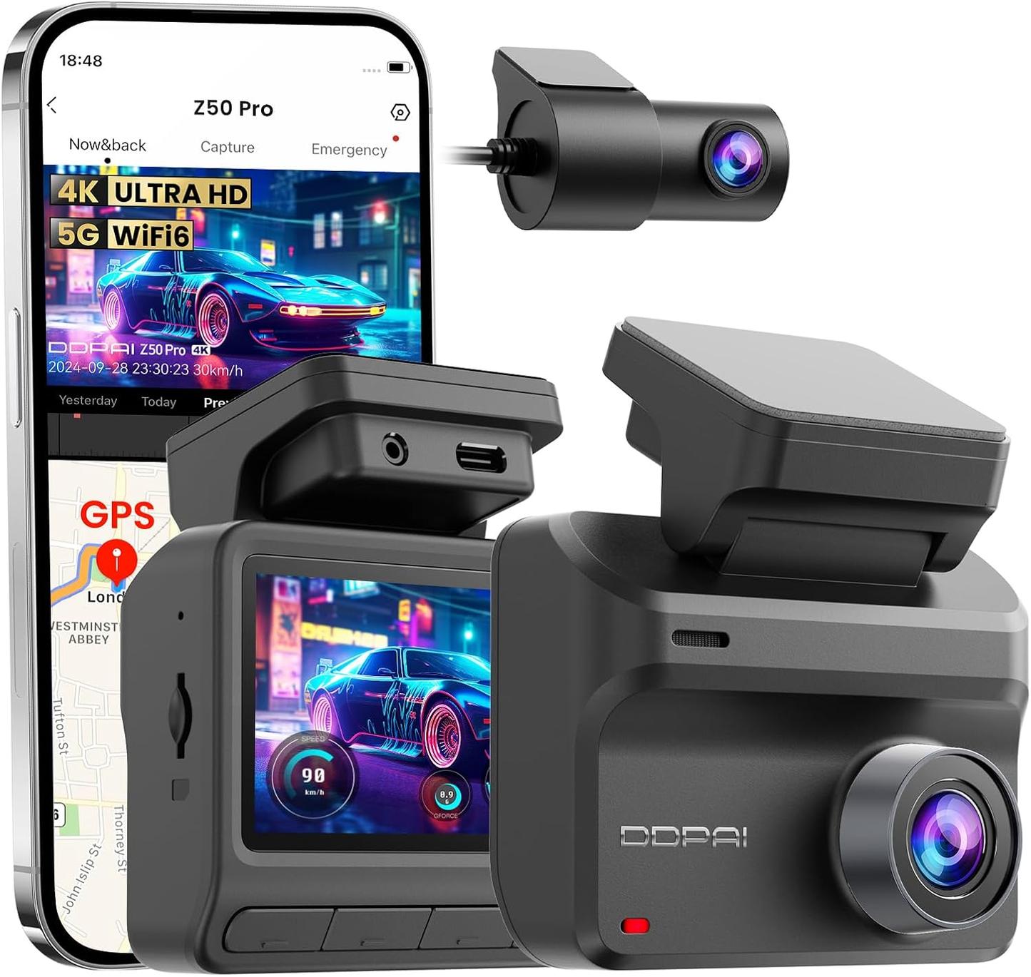 Kamera Samochodowa Przód Tył DDPAI Z50 Pro Dual, 4K, Wi-Fi, GPS, Wyświetlacz 3 cale
