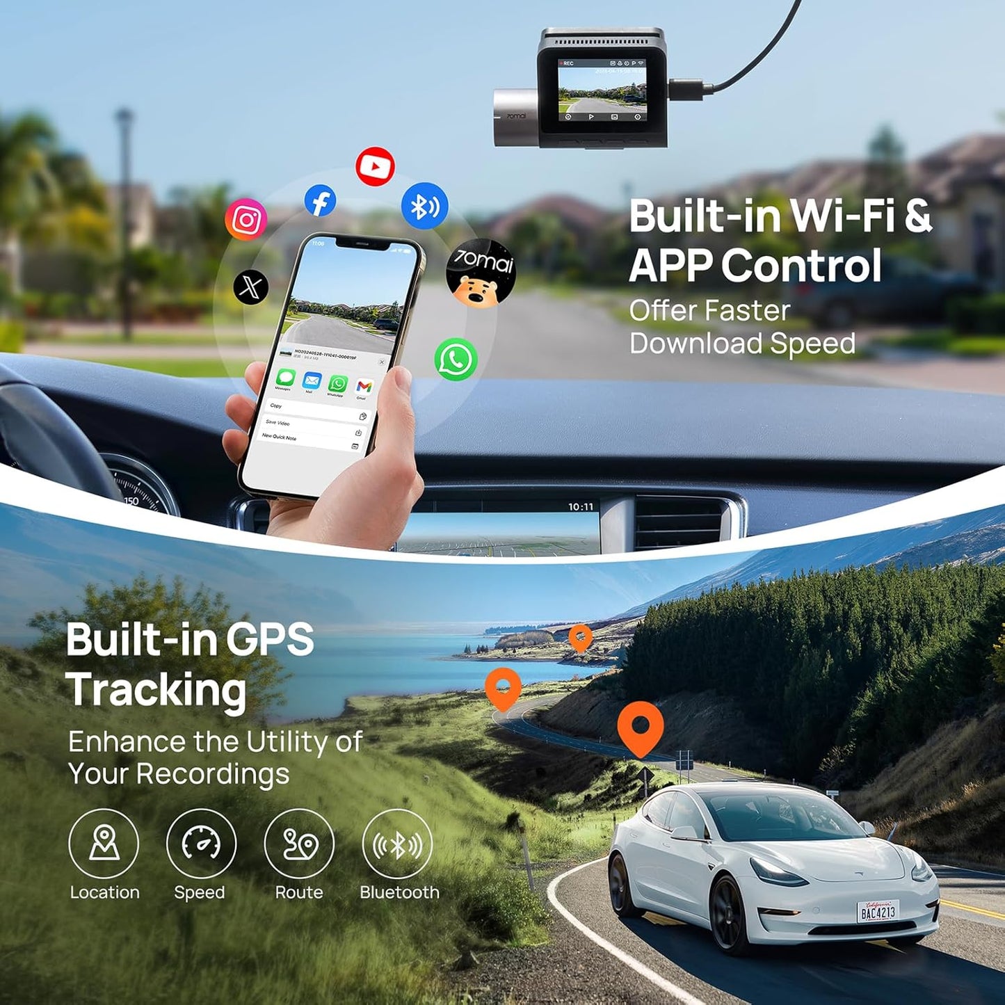 Kamera Samochodowa Przód Tył 70mai Dash Cam A510, 3K, GPS, Wi-Fi, Wyświetlacz 2 cale
