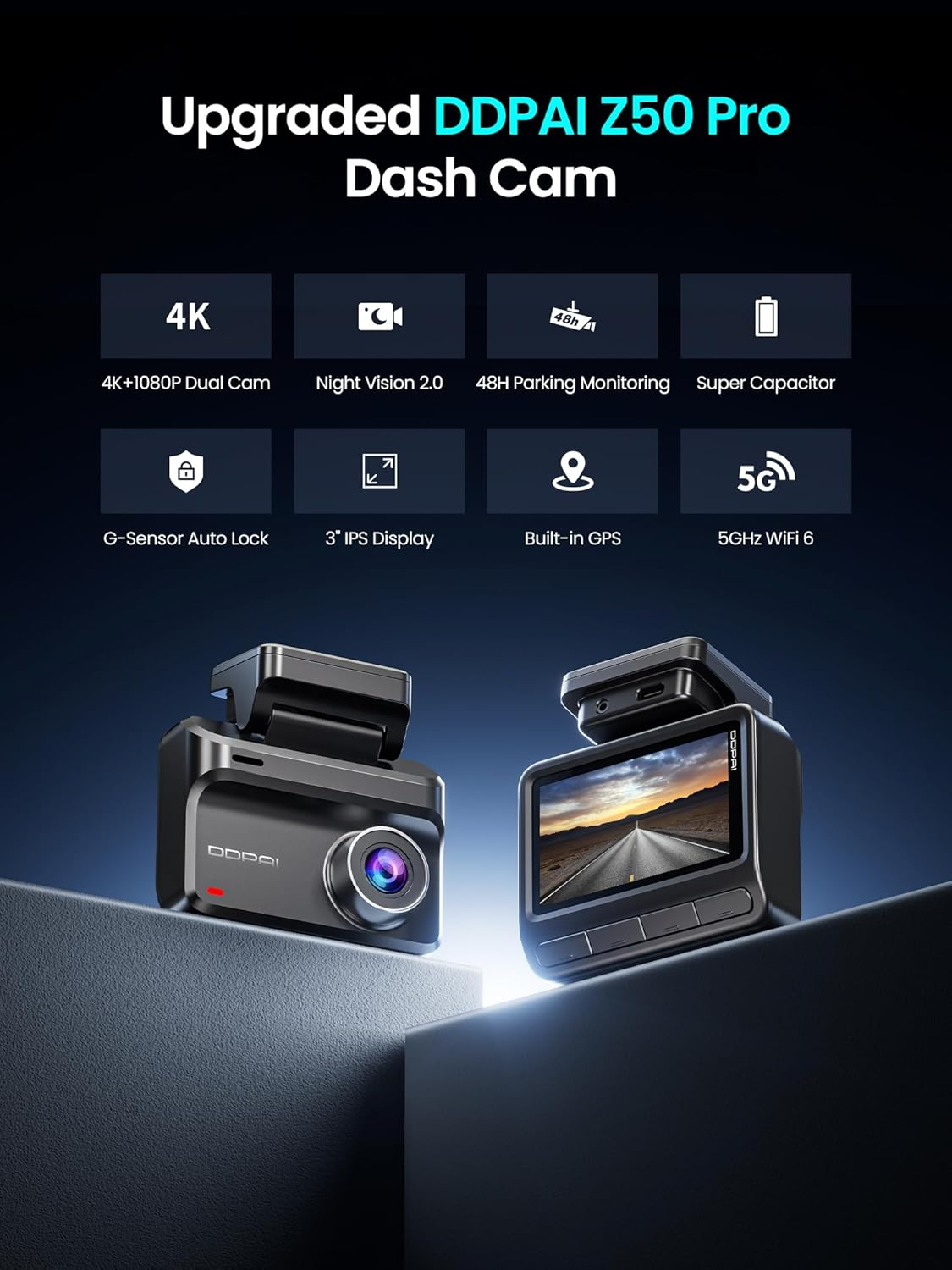 Kamera Samochodowa Przód Tył DDPAI Z50 Pro Dual, 4K, Wi-Fi, GPS, Wyświetlacz 3 cale