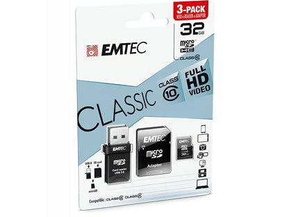 Karta pamięci microSDHC Emtec C10 Classic, 32Gb, Klasa 10, Z czytnikiem kart i adapterem ECMSDM32GHC10CGRA2
