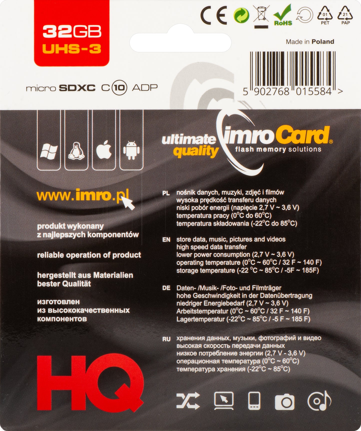 Karta pamięci microSDHC Imro, 32Gb, Klasa 10 / UHS-1 U3, Z adapterem