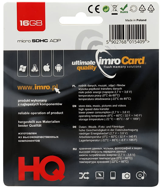 Karta pamięci microSDHC Imro, 16Gb, Klasa 4, Z adapterem