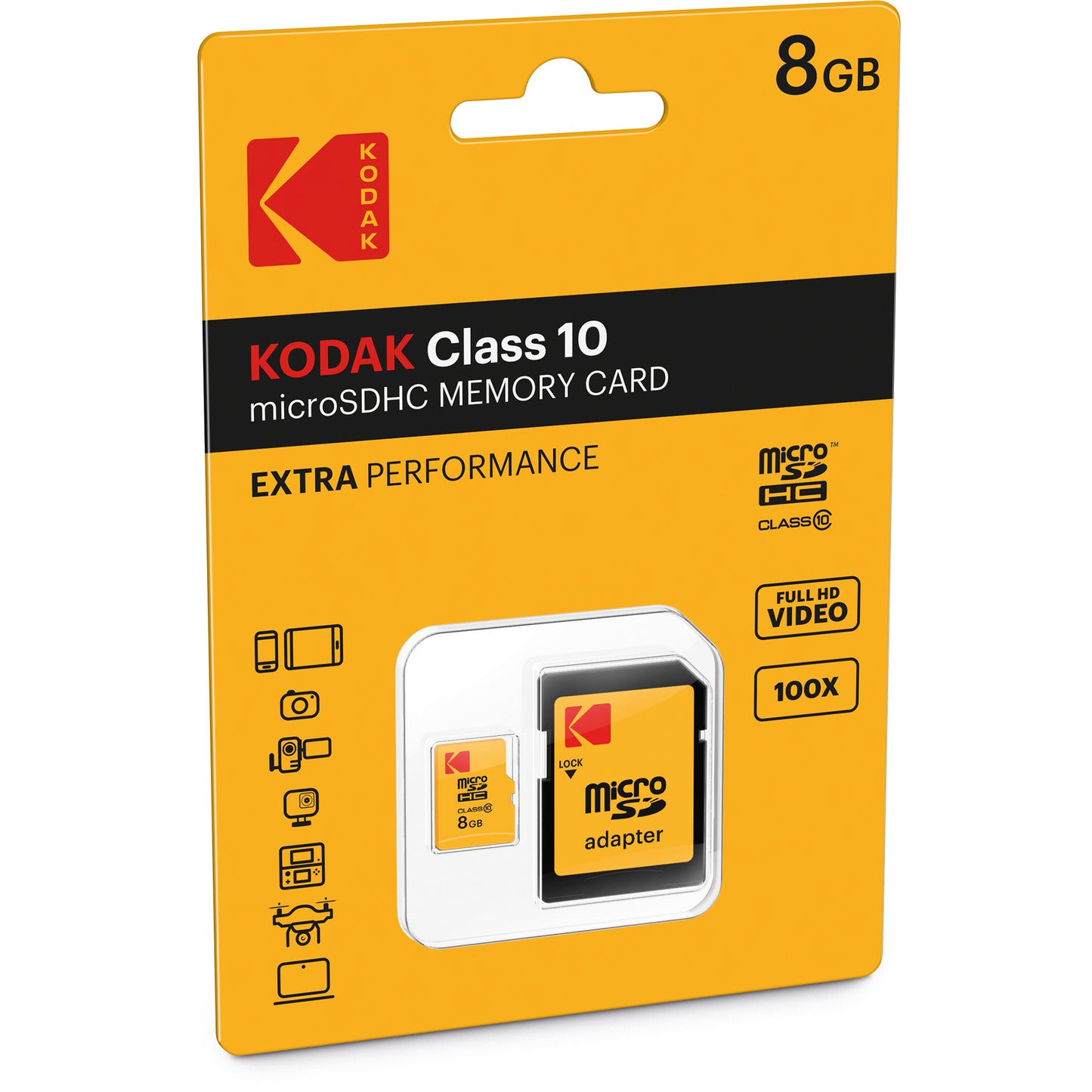 Kodak Extra Performance microSDHC Memory Card, 8GB, Class 10, With Adapter EKMSDM8GHC10CK