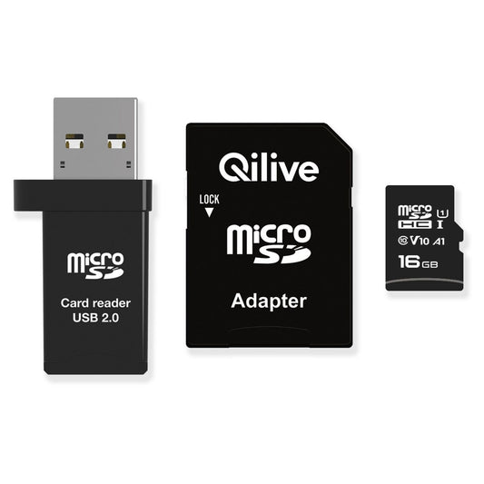 Karta pamięci microSDHC Qilive, 16GB, Klasa 10, z czytnikiem kart i adapterem EKMSDM16GHC10QL