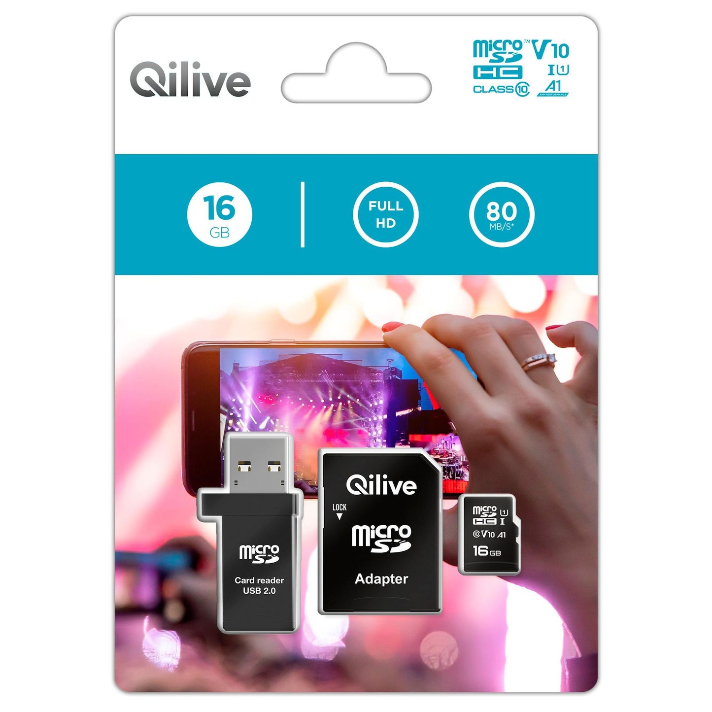 Karta pamięci microSDHC Qilive, 16GB, Klasa 10, z czytnikiem kart i adapterem EKMSDM16GHC10QL