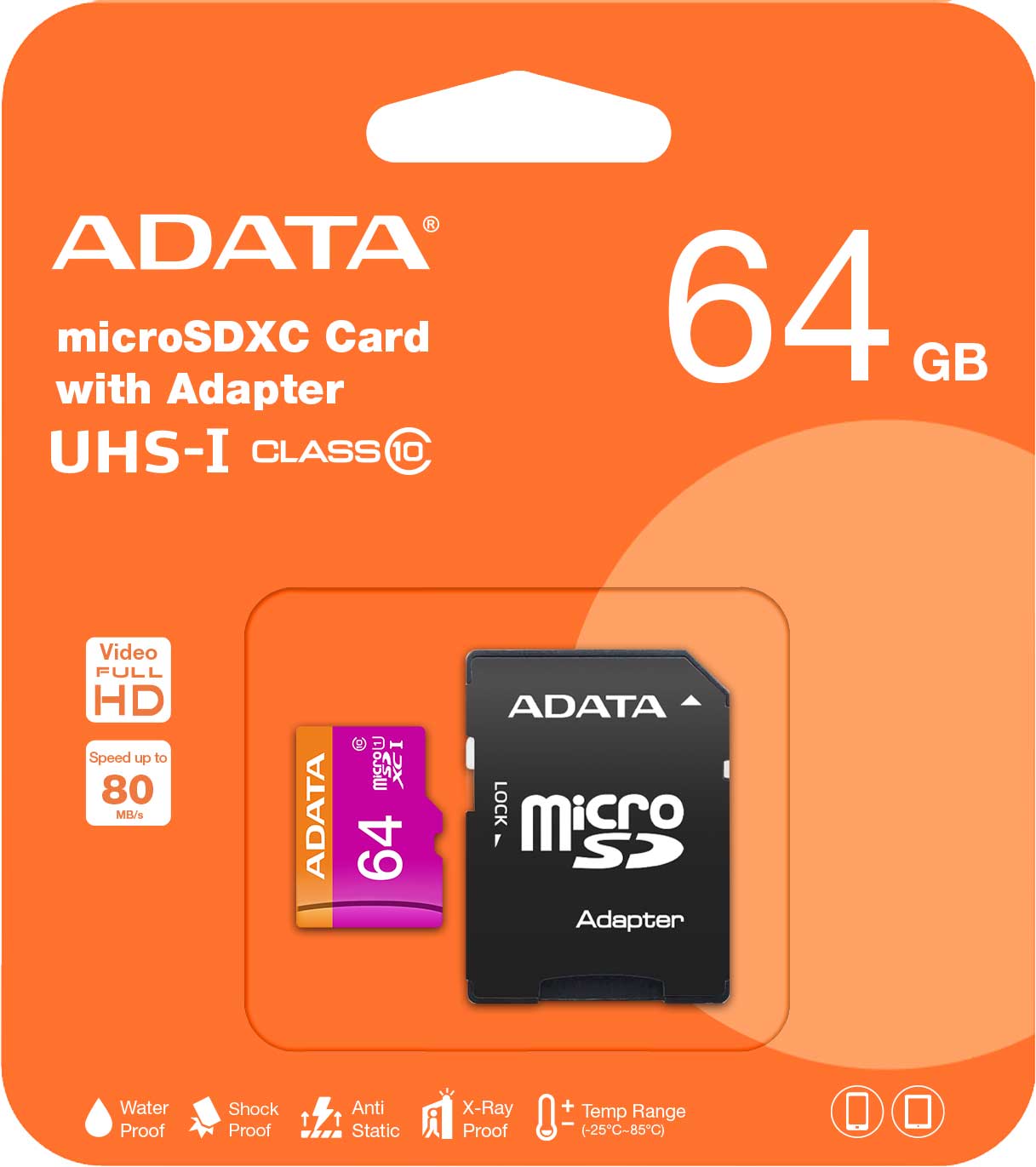 Karta pamięci Adata microSDXC, 64 GB, klasa 10 / UHS-1 U1, z adapterem AUSDX64GUICL10-RA1