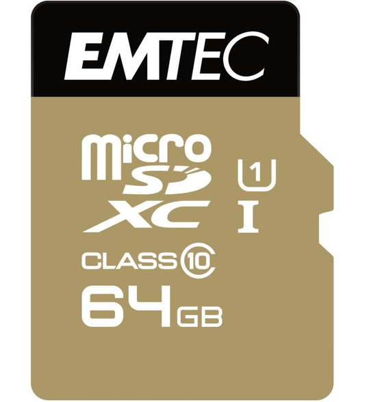 Karta pamięci microSDXC Emtec Gold+, 64Gb, Klasa 10 / UHS-1 U1, Z adapterem ECMSDM64GXC10GP