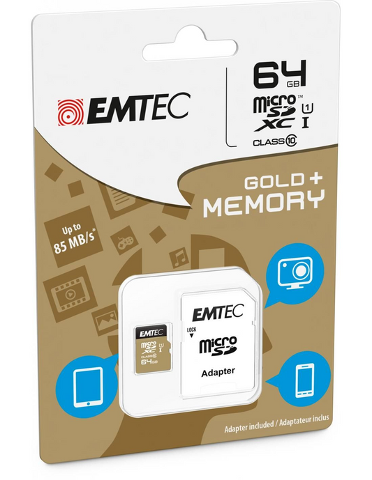Karta pamięci microSDXC Emtec Gold+, 64Gb, Klasa 10 / UHS-1 U1, Z adapterem ECMSDM64GXC10GP