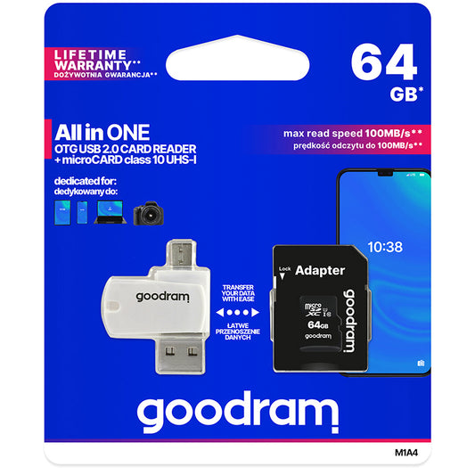 Karta pamięci microSDXC GoodRam, 64GB, Klasa 10 / UHS-1 U1, z czytnikiem kart i adapterem M1A4-0640R12