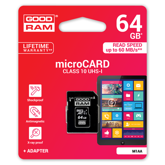 Karta pamięci microSDXC GoodRam, 64GB, Klasa 10 / UHS-1 U1, z adapterem M1AA-0640R12