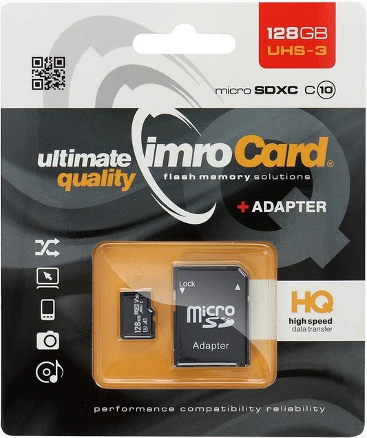Karta pamięci microSDXC Imro, 128Gb, Klasa 10 / UHS-1 U3, Z adapterem