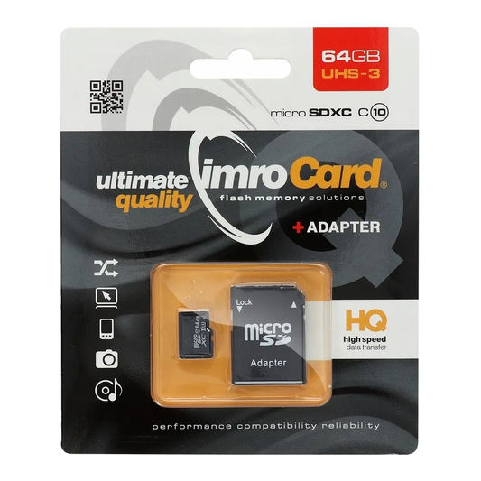 Karta pamięci microSDXC Imro, 64GB, Klasa 10 / UHS-1 U3, z adapterem