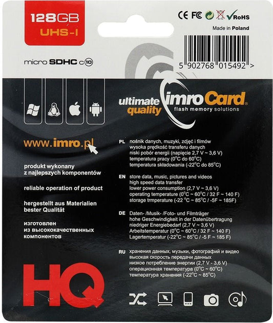 Karta pamięci microSDXC Imro, 128GB, Klasa 10 / UHS-1 U1, Z adapterem