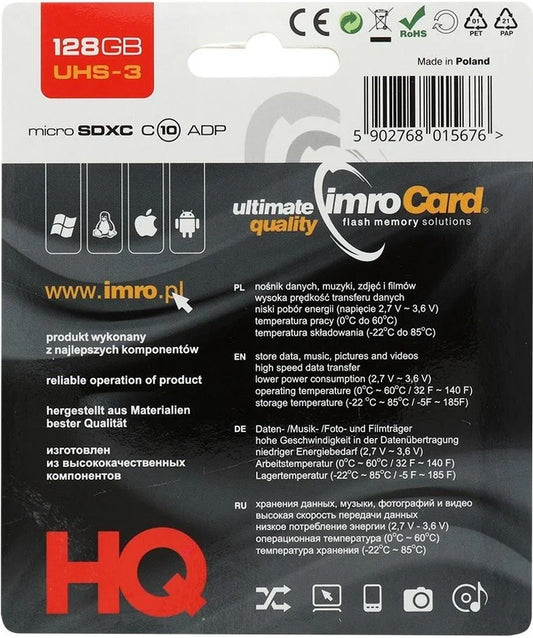 Karta pamięci microSDXC Imro, 128Gb, Klasa 10 / UHS-1 U3, Z adapterem