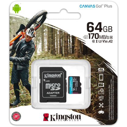 Karta pamięci microSDXC Kingston Canvas Go Plus, 64 GB, klasa 10 / UHS-1 U3, z adapterem SDCG3/64 GB