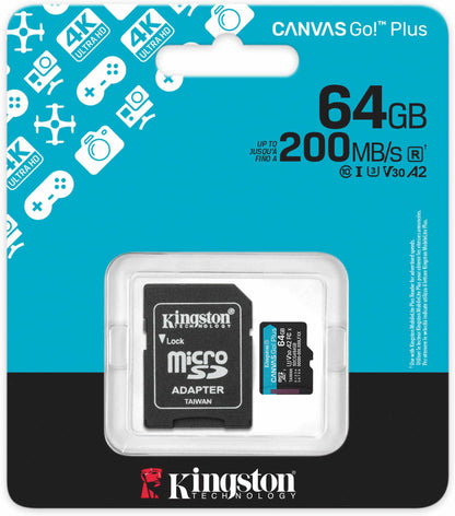 Karta pamięci microSDXC Kingston Canvas Go Plus Android A2, 64Gb, Klasa 10 / UHS-1 U3, Z adapterem SDCG4/64GB