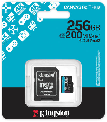 Karta pamięci microSDXC Kingston Canvas Go Plus Android A2, 256Gb, Klasa 10 / UHS-1 U3, Z adapterem SDCG4/256GB