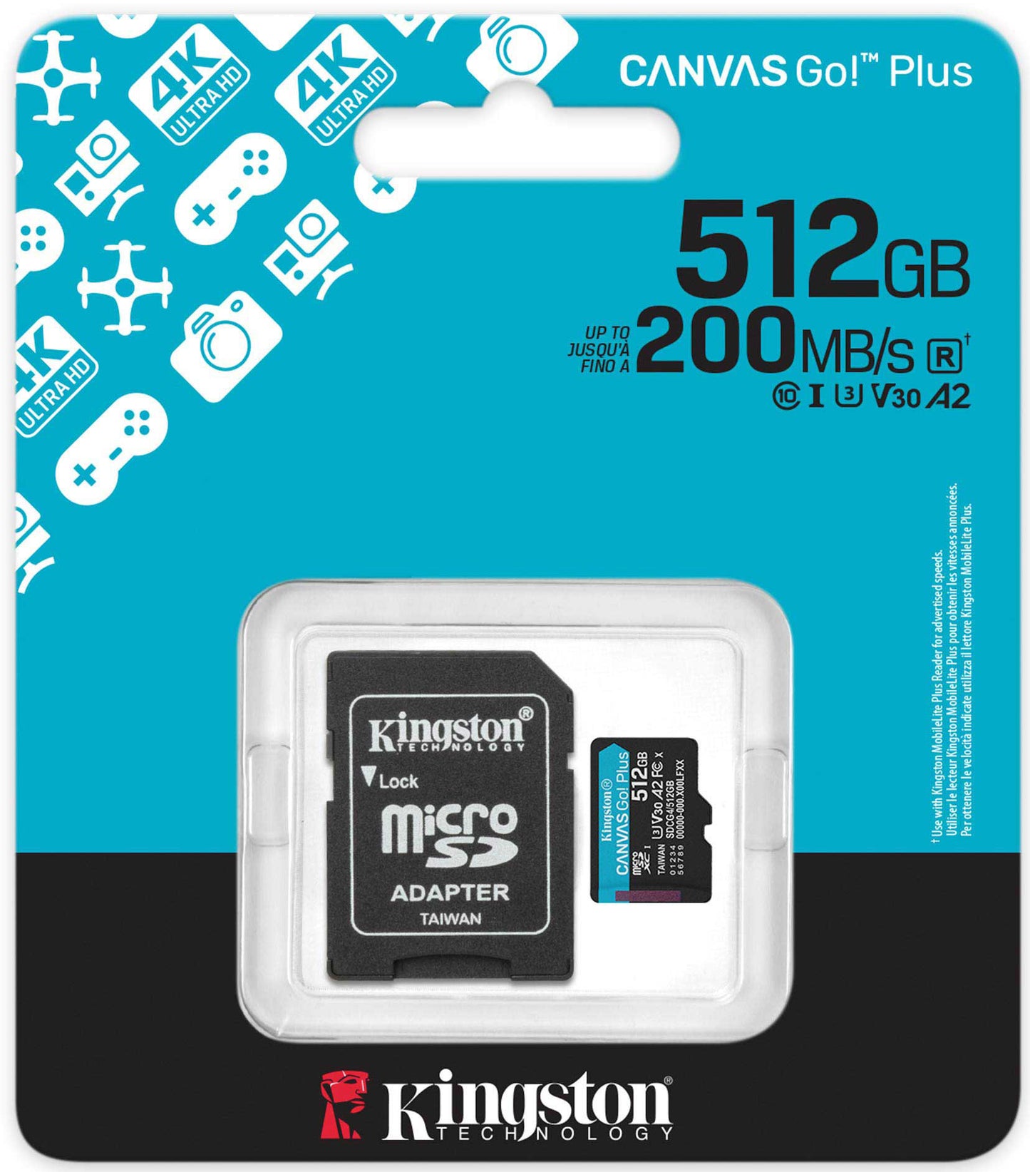 Karta pamięci microSDXC Kingston Canvas Go Plus Android A2, 512Gb, Klasa 10 / UHS-1 U3, Z adapterem SDCG4/512GB