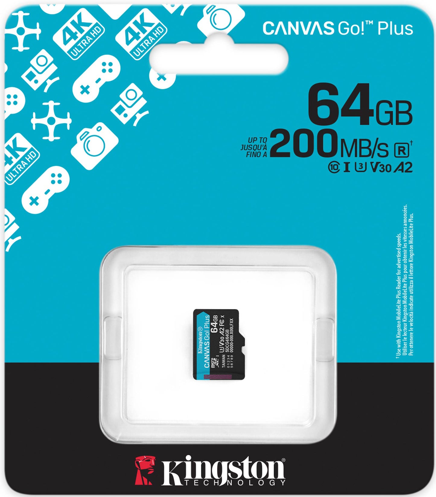 Karta pamięci microSDXC Kingston Canvas Go Plus Android A2, 64Gb, Klasa 10 / UHS-1 U3 SDCG4/64GBSP