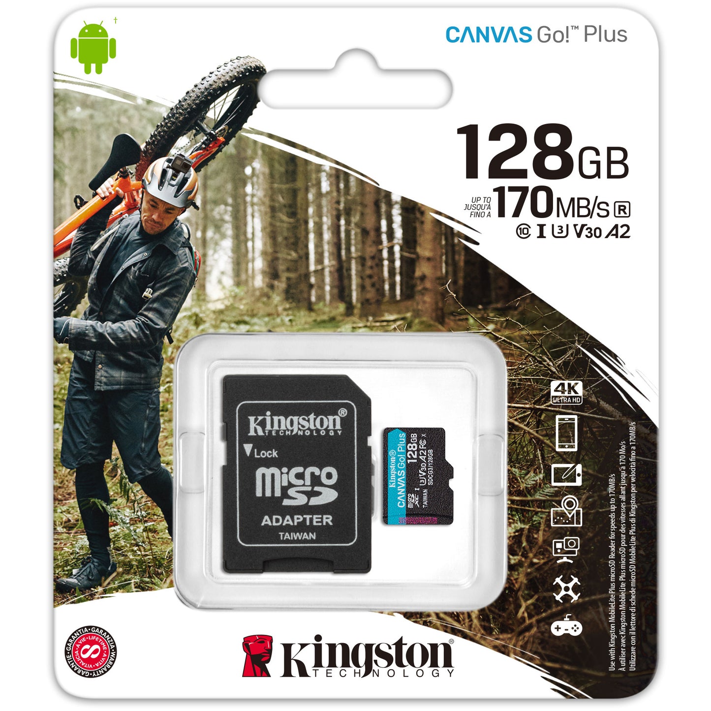 Karta pamięci microSDXC Kingston Canvas Go Plus, 128 GB, klasa 10 / UHS-1 U3, z adapterem SDCG3/128 GB 