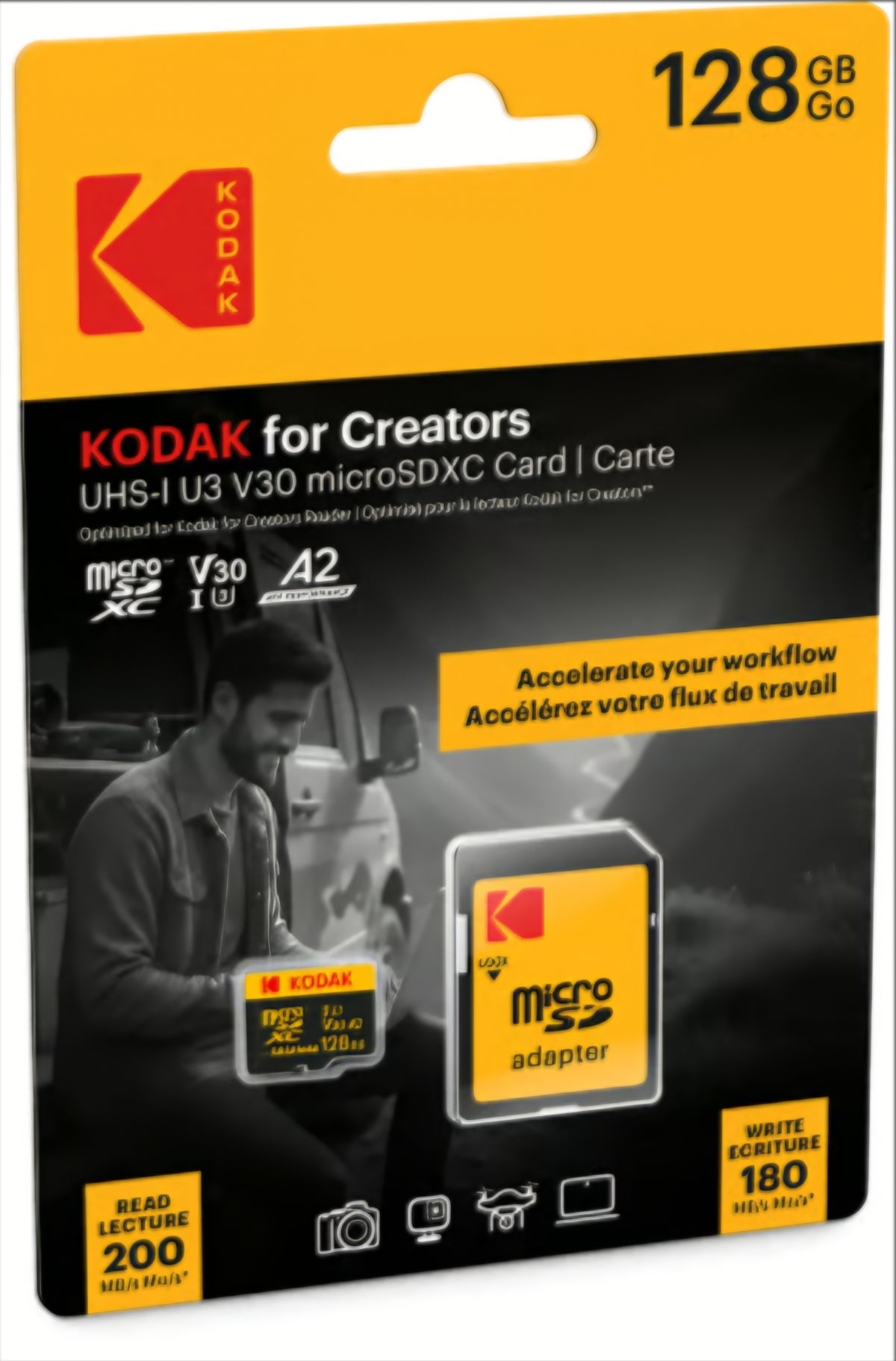 Karta pamięci microSDXC Kodak for Creators, 128Gb, Klasa 10 / UHS-1 U3, z adapterem EKMSDM128GXCU3CR