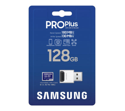 Karta pamięci microSDXC Samsung PRO Plus, 128Gb, Klasa 10 / UHS-1 U3, z czytnikiem kart MB-MD128SB/WW