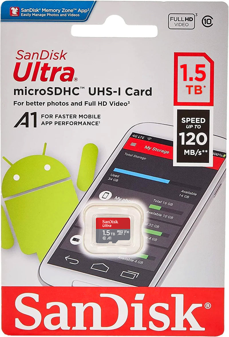 Karta pamięci microSDXC SanDisk Ultra Android A1, 1.5TB, Klasa 10 / UHS-1 U1 SDSQUAC-1T50-GN6MN