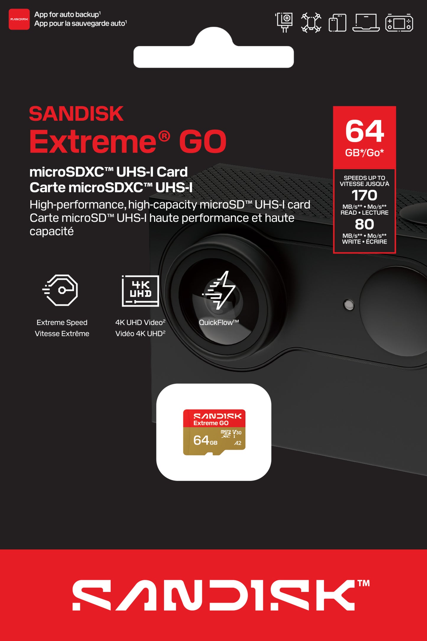 Karta pamięci microSDXC SanDisk Extreme GO Android A2, 64GB, Klasa 10 / UHS-1 U1 SDSQXGN-064G-GN6MN