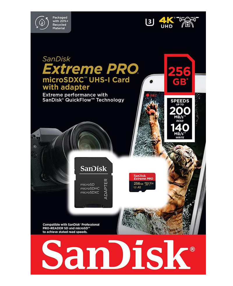 Karta pamięci microSDXC SanDisk Extreme Pro, 256Gb, Klasa 10 / UHS-1 U3, Z adapterem SDSQXCD-256G-GN6MA