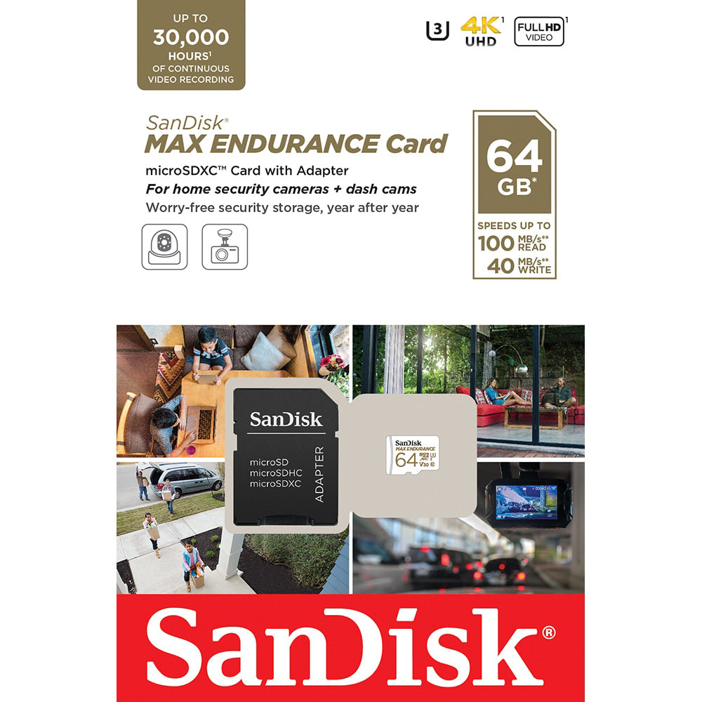 Karta pamięci microSDXC SanDisk MAX Endurance, 64Gb, Klasa 10 / UHS-1 U3, Z adapterem SDSQQVR-064G-GN6IA
