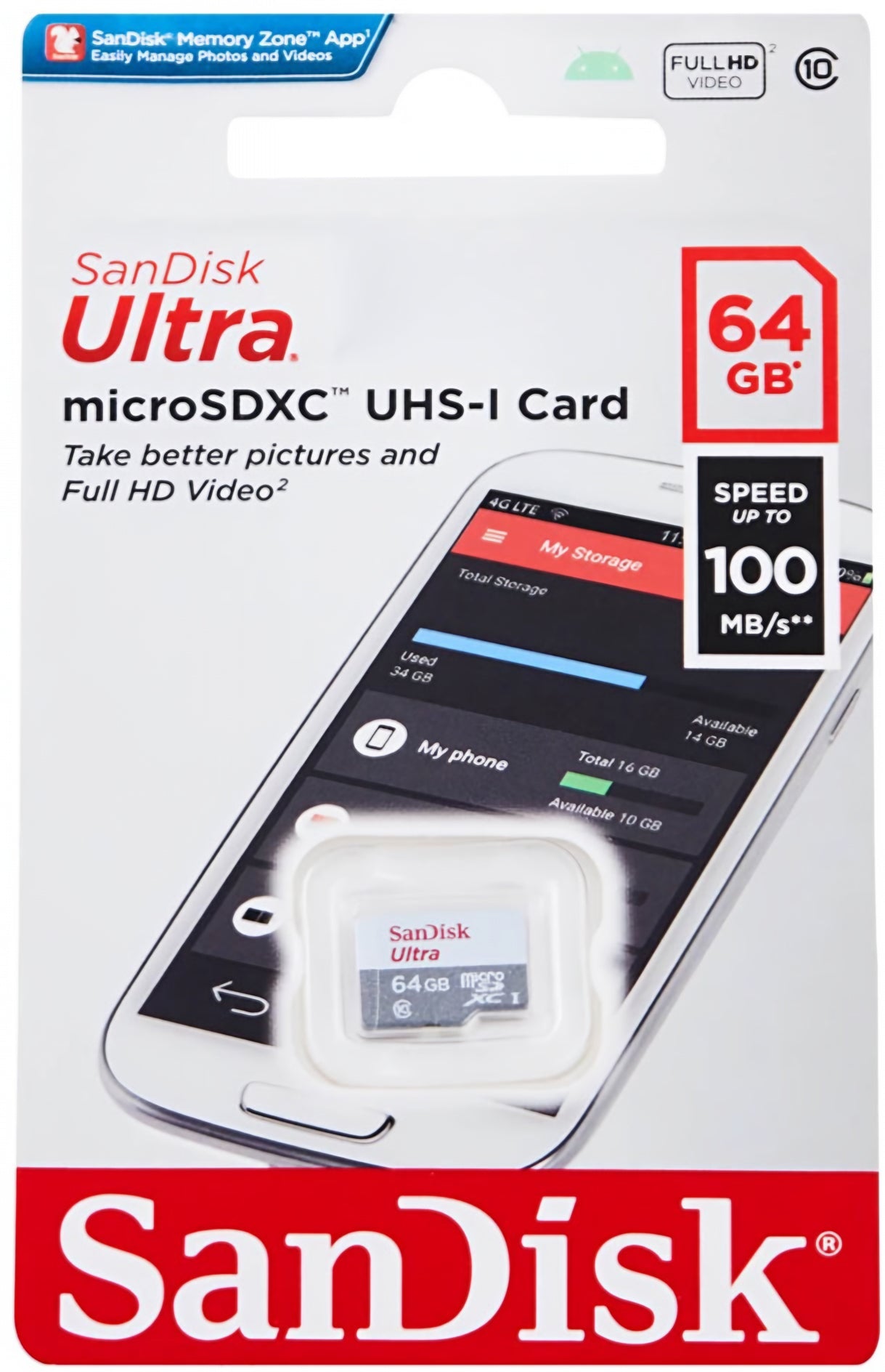 Karta pamięci microSDXC SanDisk Ultra, 64Gb, Klasa 10 SDSQUNR-064G-GN3MN