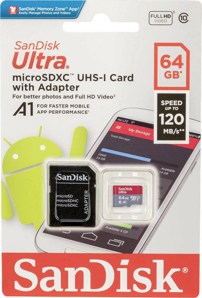 Karta pamięci microSDXC SanDisk Ultra Android A1, 64Gb, Klasa 10 / UHS-1 U1, Z adapterem SDSQUAB-064G-GN6MA