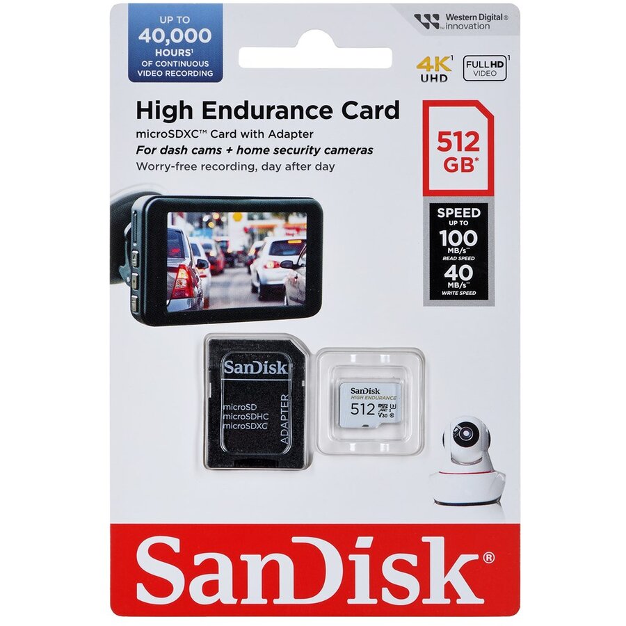 Karta pamięci microSDXC SanDisk High Endurance, 512Gb, Klasa 10 / UHS-1 U3, Z adapterem SDSQQNR-512G-GN6IA