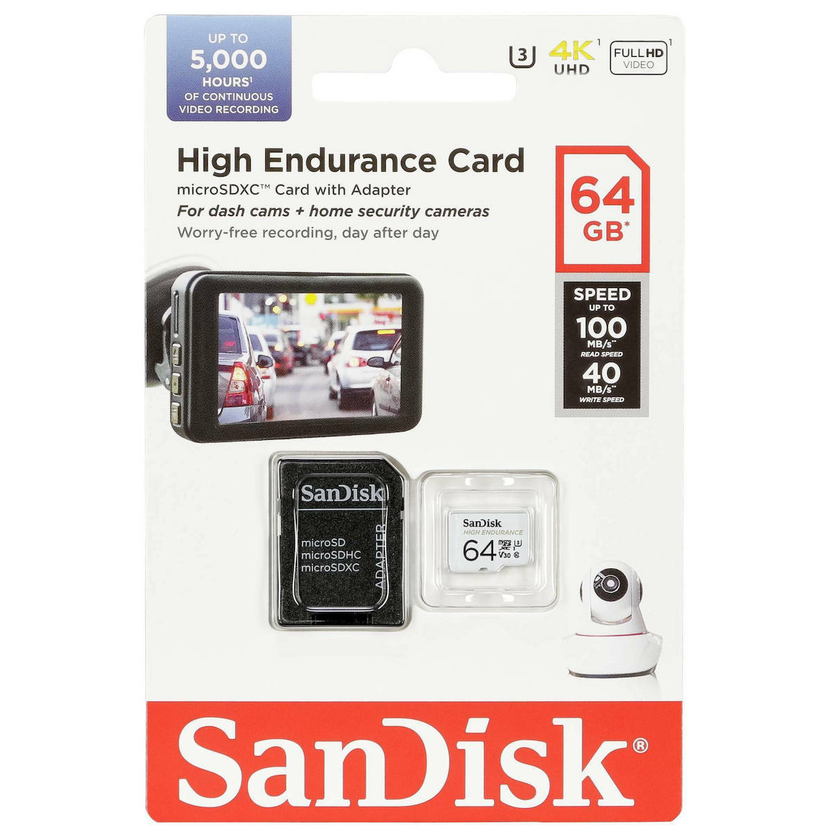 Karta pamięci microSDXC SanDisk High Endurance, 64Gb, Klasa 10 / UHS-1 U3, Z adapterem SDSQQNR-064G-GN6IA