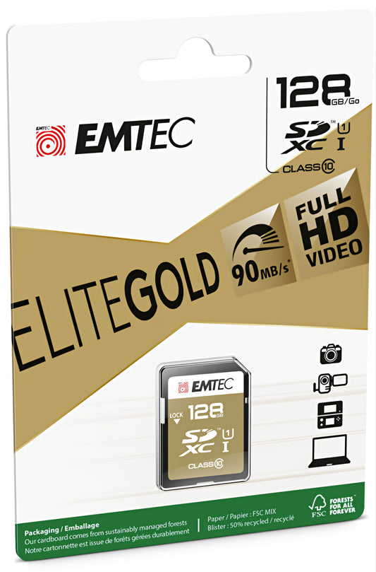 Karta pamięci SDXC Emtec Elite Gold, 128Gb, Klasa 10 / UHS-1 U1 ECMSD128GXC10GP