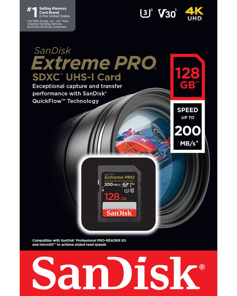 SDXC SanDisk Extreme Pro Memory Card, 128GB, Class 10 / UHS-1 U3 SDSDXXD-128G-GN4IN