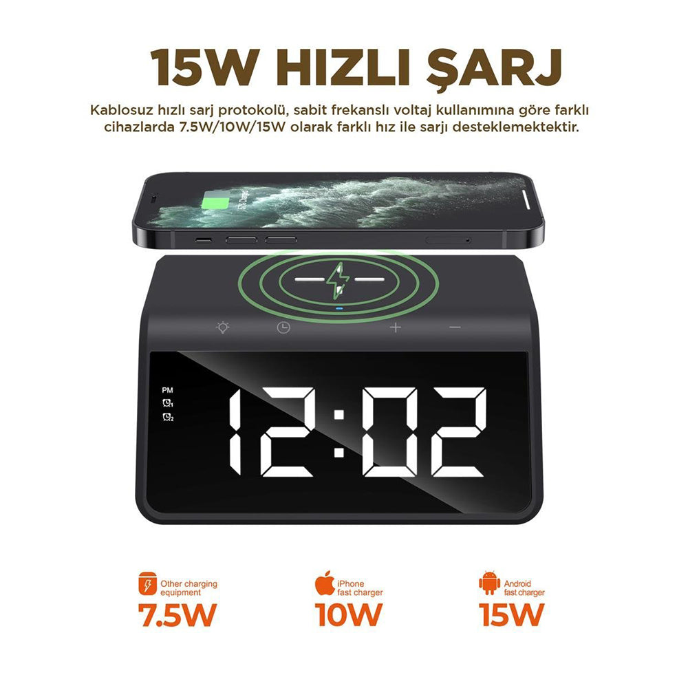 HAVIT W320 Digital Clock with QI Wireless Charging, Black