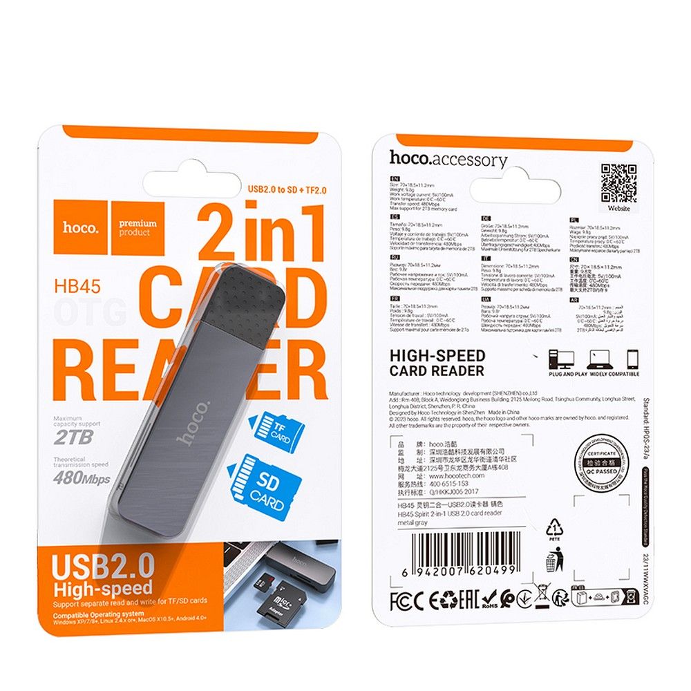 Czytnik kart USB HOCO HB45, SD - microSD, Szary