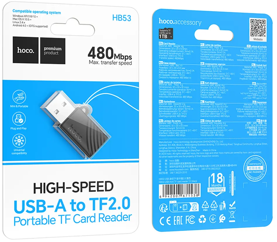 USB Card Reader HOCO HB53, microSD, Black