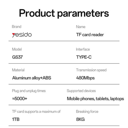 Czytnik kart USB Yesido GS37, microSD, Czarny