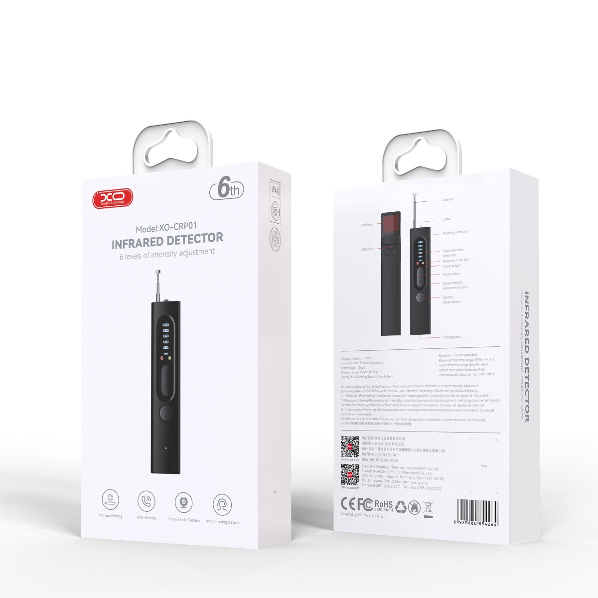Detektor IR urządzeń GSM / ukrytych mikrofonów / lokalizatorów GPS XO Design CRP01, Czarny