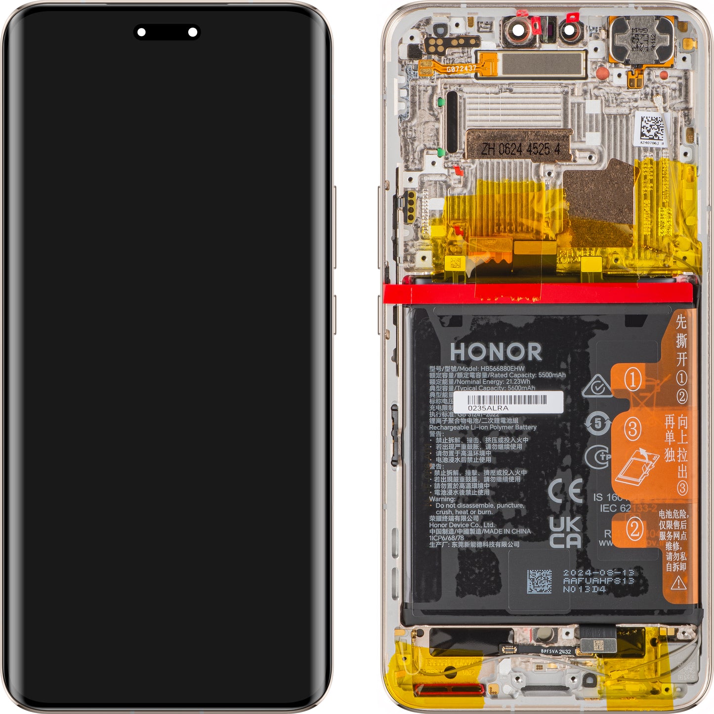 Wyświetlacz dotykowy z ekranem dotykowym Honor Magic6 Pro, z ramką i baterią, złoty, Service Pack 0235ALRA 
