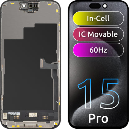 Wyświetlacz z ekranem dotykowym JK dla Apple iPhone 15 Pro, z ramką, wersja LCD In-Cell IC Movable, Czarny