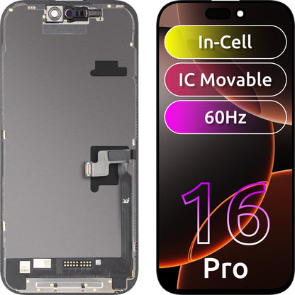 Wyświetlacz z ekranem dotykowym JK do Apple iPhone 16 Pro, z ramką, wersja LCD In-Cell IC Movable, czarny