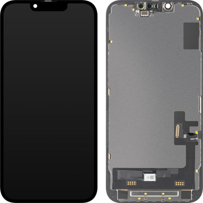Wyświetlacz z ekranem dotykowym MP kompatybilny z Apple iPhone 14, z ramką, wersja Soft OLED FHD Diagnostic, Czarny