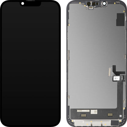 Wyświetlacz z ekranem dotykowym MP kompatybilny z Apple iPhone 14 Plus, z ramką, wersja Soft OLED FHD Diagnostic, czarny